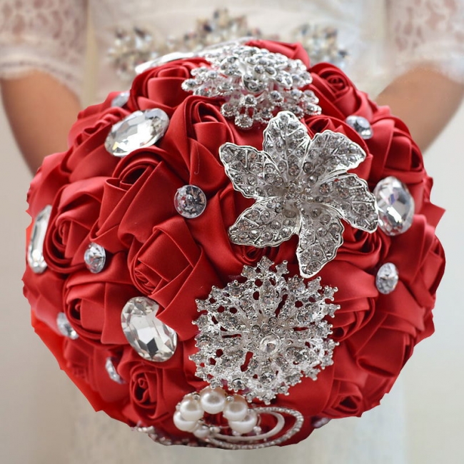 Colorful Silk Rose Crystal Beading Wedding Bouquet