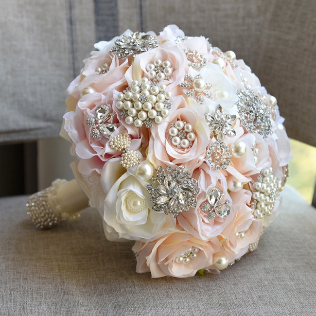 Shiny Crystal Beading Silk Rose Wedding Bouquet in White and Pink