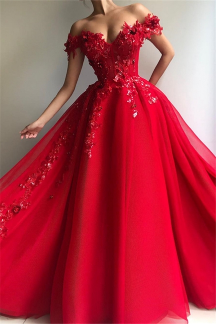 Eleagant Red Sweetheat Off The Shoulder Applique Crystal A Line Prom dresses