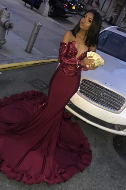 Burgundy Sexy Long Sleeve Mermaid Applique Beaded Prom Dresses