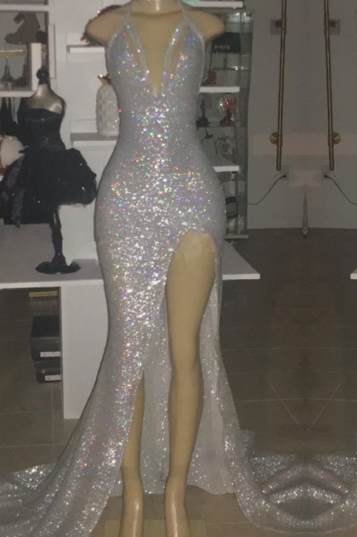 Halter Neck Slit Prom Dress | Shiny Silver Sequin Party Dresses