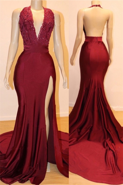 Halter Bungurdy Lace Beaded Front Slit Mermaid Prom Dresses | Cheap Backless Evening Dresses
