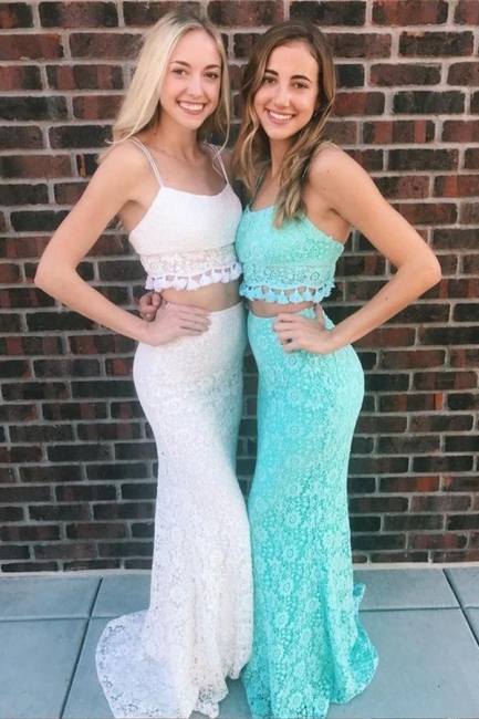 Lace Spaghetti-Strap Prom Dresses Two Piece Mermaid Sleeveless Sexy Evening Dresses