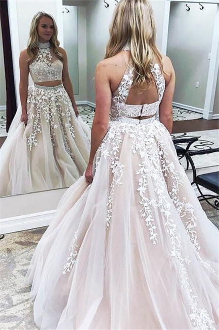 Chic Halter Two Piece Applique Prom Dresses Lace Up Crystal Sexy Evening Dresses with Beads