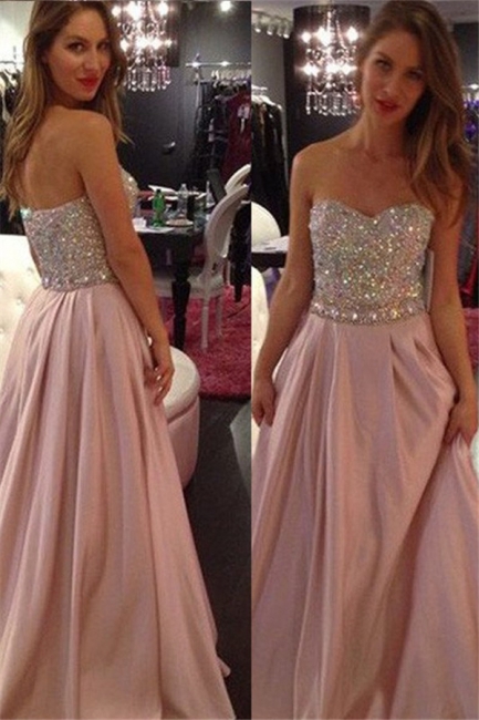 Sweetheart Crystal Prom Dresses Romactic Pink Sleeveless Sexy Evening Dresses