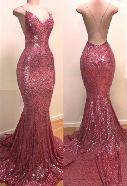 Sexy Pink Spaghetti Strap V Neck Sequins Mermaid Prom Dresses | Criss-cross Long Evening Dresses