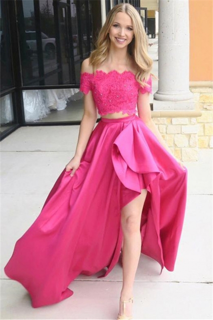 Chic Pink Beads Applique Off-the-Shoulder Prom Dresses Side slit Sleeveless Sexy Evening Dresses