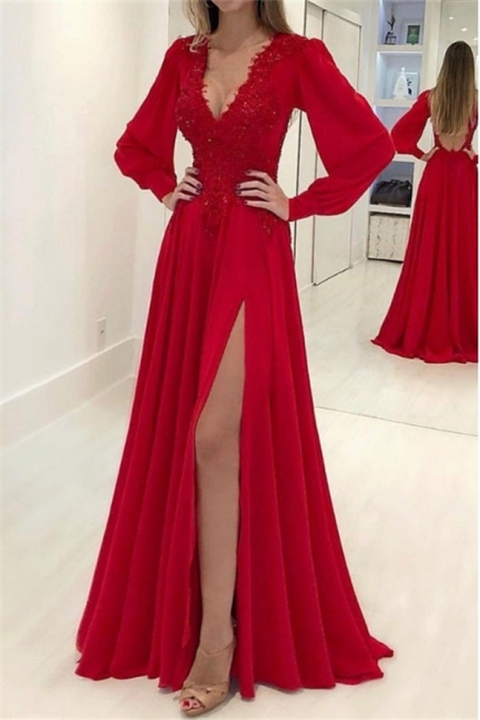 Chic Res V-Neck Long Sleeves Prom Dresses Side Slit Applique Sexy Evening Dresses with Beads