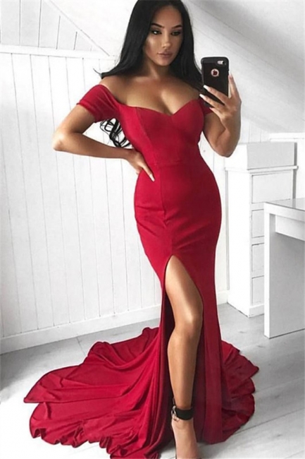 Red Off-the-Shoulder Prom Dresses Mermaid Sleeveless Side Slit Sexy Evening Dresses