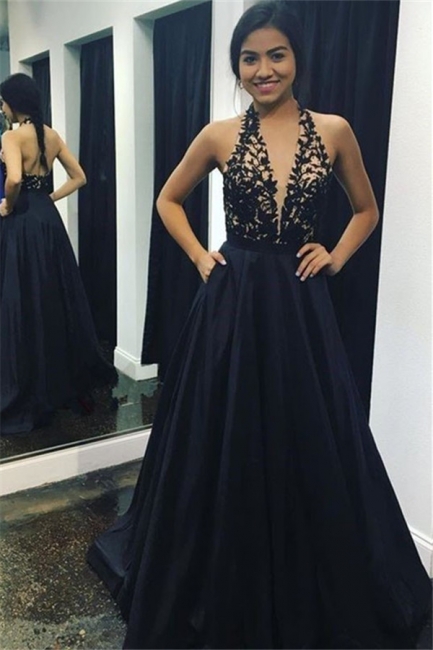 Black Applique Halter Prom Dresses Sleeveless  Sexy Evening Dresses with Pocket