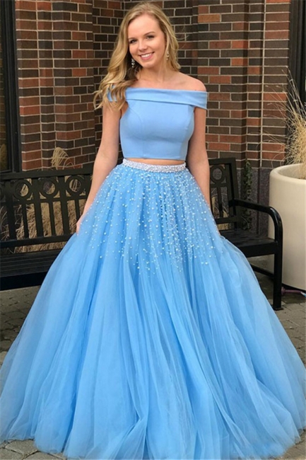 Chic Blue Off -the-Shoulder Keyhole Prom Dresses Two Piece Crystal Sexy Evening Dresses with Beads