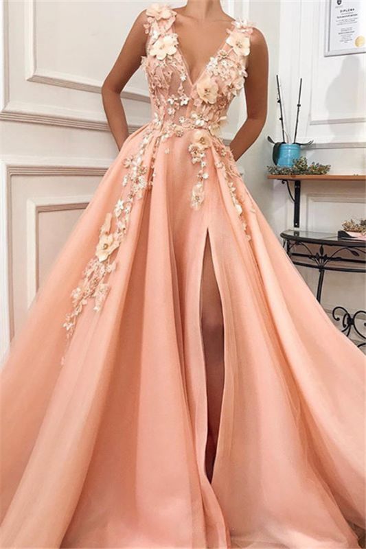 Straps V Neck Applique A Line Prom Dresses | Front Slit Sleeeveless Evening Dresses