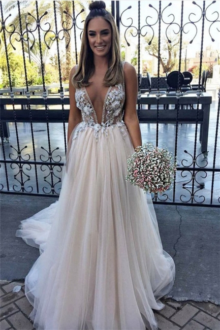 Chic Flower Applique V-Neck Prom Dresses Sheer Sleeveless Sexy Evening Dresses with Crystal