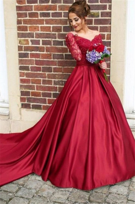 Red Lace Off-the-Shoulder Prom Dresses Long Sleeves Sexy Evening Dresses Train Ball Gown