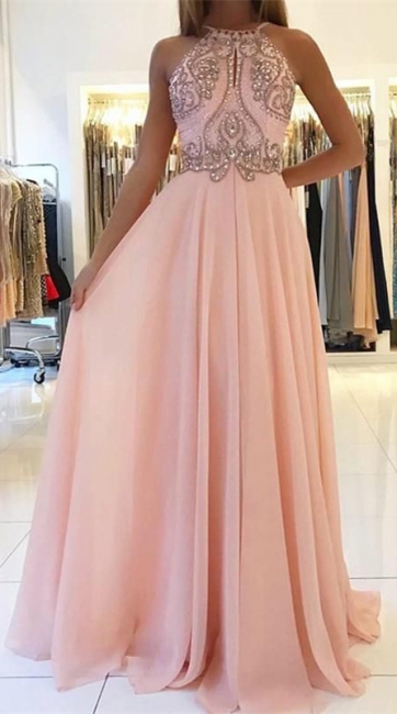 Romactic Pink Halter Applique Prom Dresses Sleeveless Open Back Sexy Evening Dresses With Crystal