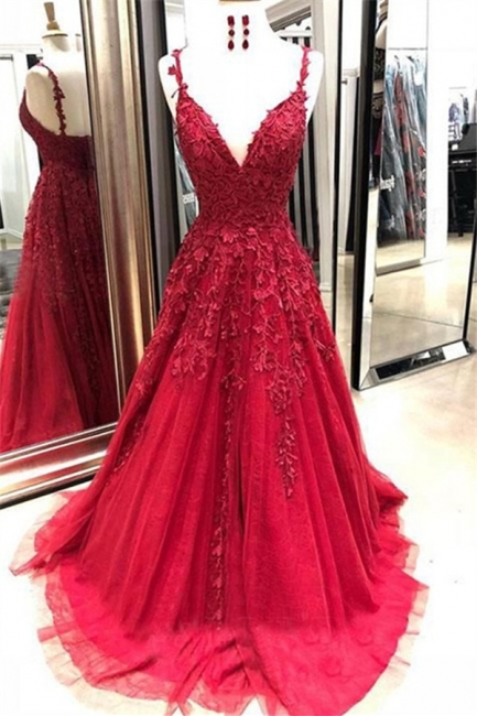 Gorgeous Spaghetti Strap Applique Prom Dresses Red Tulle Cheap Sleeveless Sexy Evening Dresses