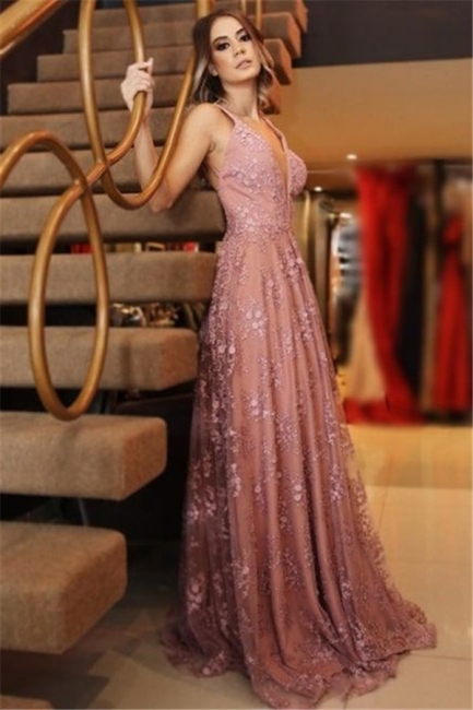 Chic Pink Applique V-Neck Prom Dresses Backless Sleeveless Sexy Evening Dresses