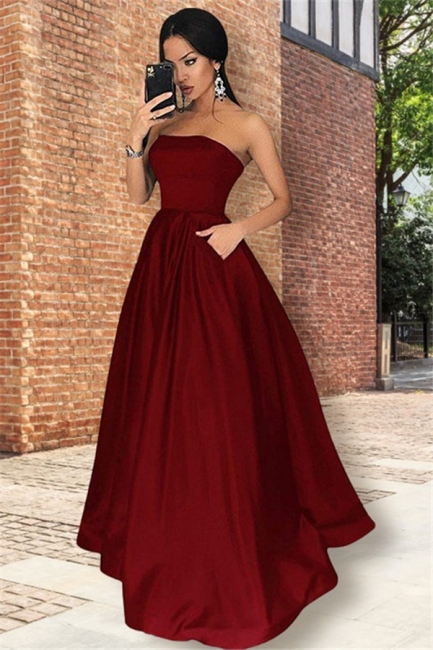 Burgundy Strapless Ruffles Prom Dresses Sleeveless Sexy Evening Dresses with Pocket