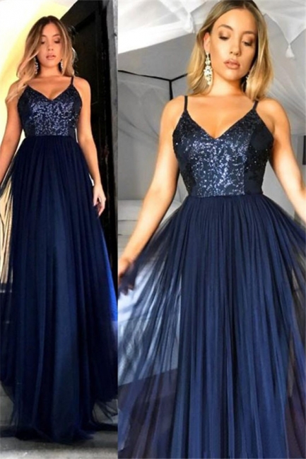 Crystal Spaghetti Strap Open Back Prom Dresses Tulle Sexy Evening Dresses with Beads