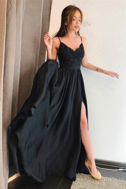 Black Applique Spaghetti-Strap Prom Dresses Side slit Sleeveless Sexy Evening Dresses