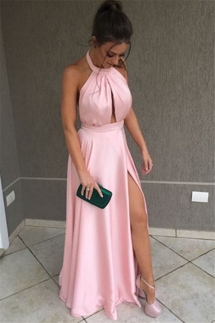 Romactic Pink Halter Side-Slit Prom Dresses Cheap Sleeveless Sexy Evening Dresses with Keyhole