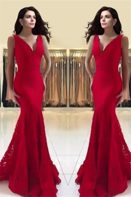 Gorgeous Red Spaghetti Strap Prom Dresses Lace Sleeveless Mermaid Sexy Evening Dresses