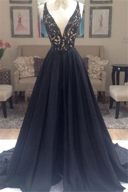Black Lace V-Neck Sleeveless Prom Dresses Open Back Sexy Evening Dresses with Beads