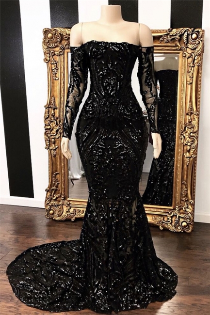 Long Sleeve Off The Shoulder Prom Dressses | Black Glitter Lace Sequined Evening Dresses