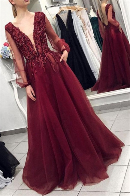 Burgundy V-Neck Long Sleeves Applique Prom Dresses Tulle Sexy Evening Dresses with Beads