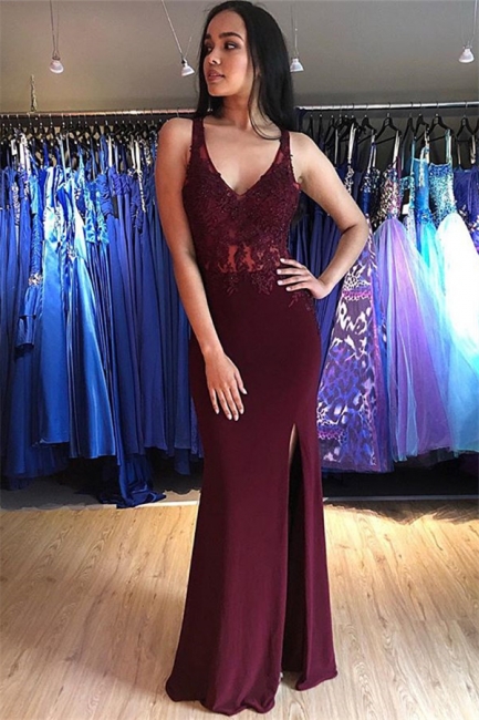 Burgundy Applique Sleeveless Open Back Prom Dresses Mermaid Side Slit Sexy Evening Dresses with Beads Dresses