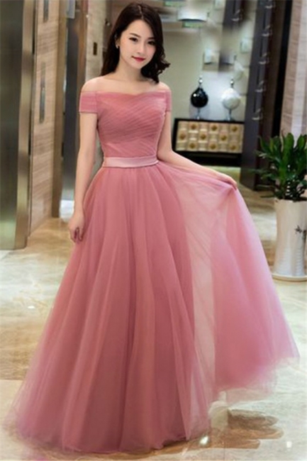Romactic Pink Off-the-Shoulder Ruffles Prom Dresses Tulle Sleeveless Sexy Evening Dresses with Belt