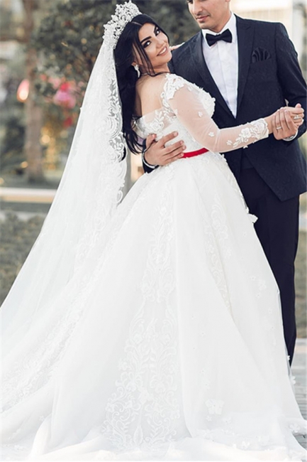 White Long-Sleeves A-Line Tulle Lace Long Wedding Dresses