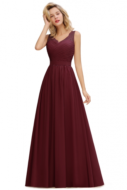 Simple A-line V-neck Appliques Lace Floor-length Ruffles Prom Dress