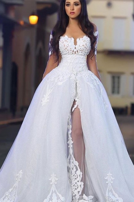 Long Sleeves A-Line Appliques White Elegant Wedding Dresses with Overskirt