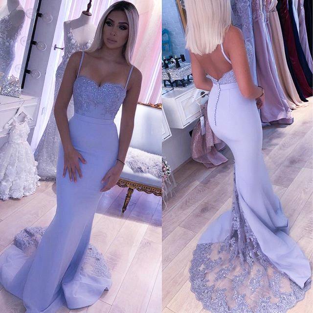 Spaghetti Straps Open Back Lace Mermaid Prom Dresses | Elegant Evening Dresses long
