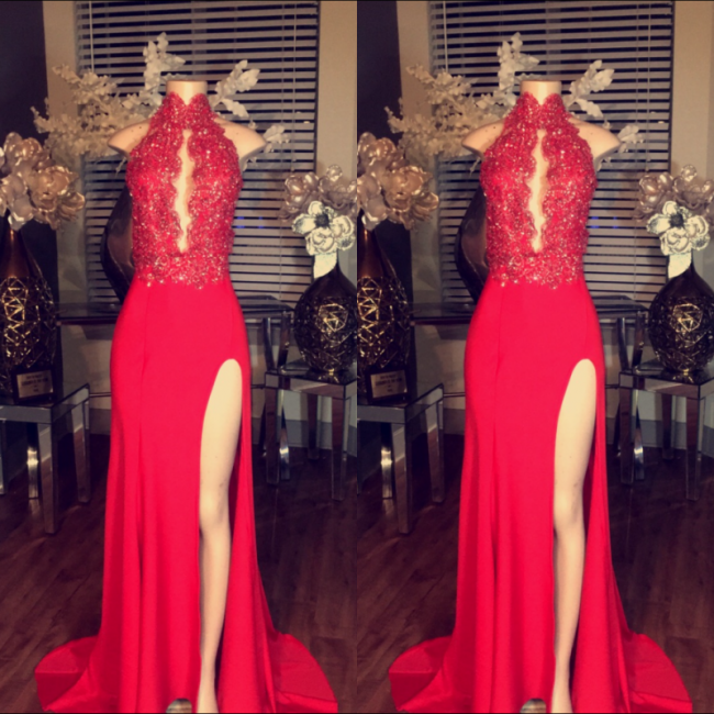 Red Lace-Appliques Chiffon High-neck Prom Dress Side-Split Sleeveless BA5081