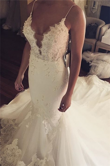 Spaghetti Straps Sexy Mermaid Wedding Dress | Appliques Tulle Bridal Gowns
