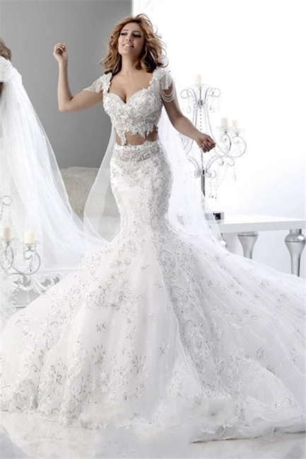 White Lace Sweetheart Mermaid Wedding Dresses with Short Sleeves