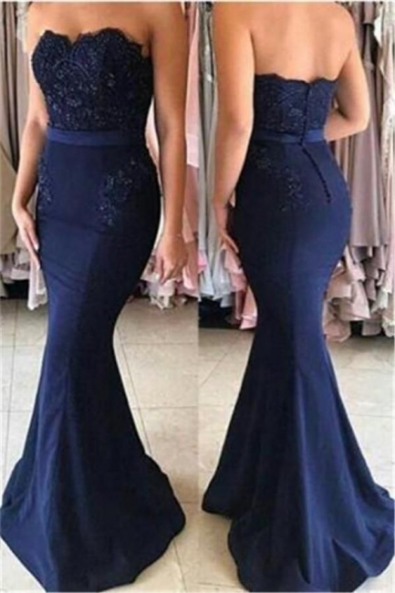 Simple Strapless Mermaid Bridesmaid Dress Buttons Beadings Appliques Prom Dress