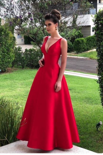 Straps V-neck Plain A-line Prom Dresses | Floor Length Red Evening Dresses