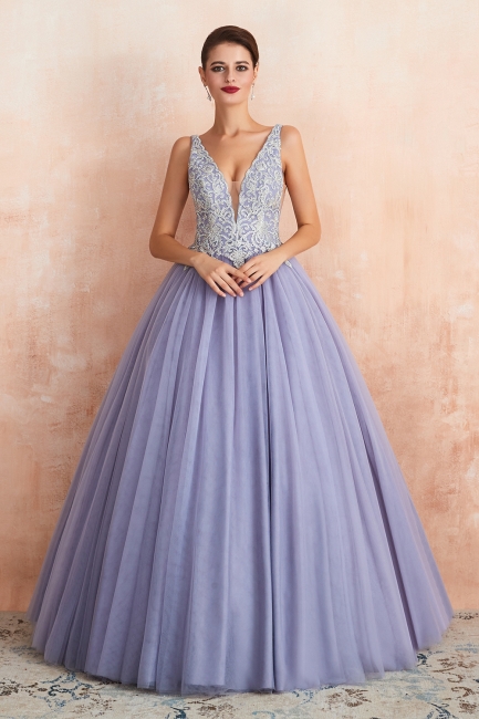 Elegant Lilac Sleeveless V-neck Appliques A-line Tulle Prom Dresses