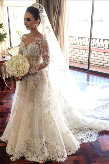 Royal Tulle Glamorous Sleeve Beadings Long Lace Wedding Dresses