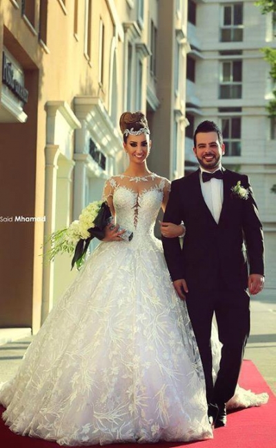Lace Long Sleeve Wedding Dresses Court Train Elegant Ball Bridal Gowns