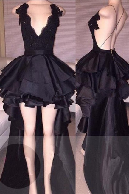 2018 Short Layered Sexy Lace Hi-Lo Black Cocktail Prom Dress