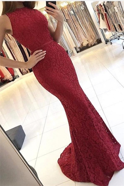 Red Elegant Mermaid Lace Sleeveless Sweep Train Prom Dresses qq0330