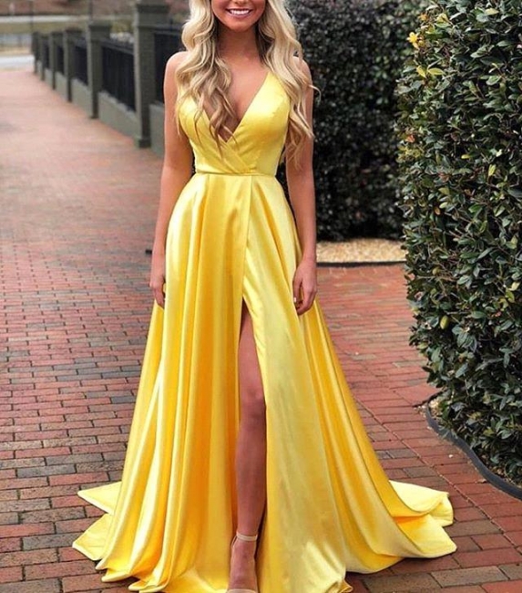 Sexy Spaghetti Straps V-neck Silky Prom Dresses with High Slit in Royal Blue