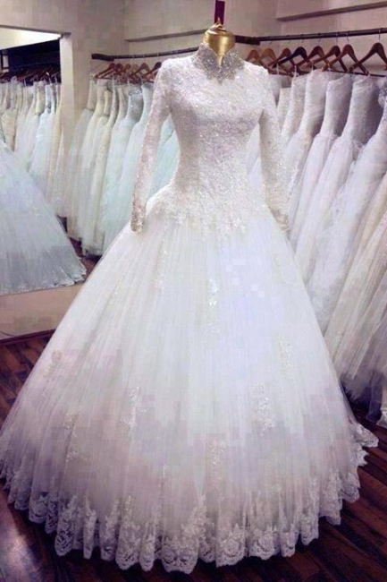 High-Neck Lace Long Sleeve Wedding Dresses Floor Length Bridal Gowns With Beadings