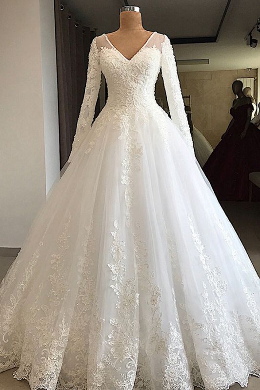 Graceful V Neck Long Sleeve Lace Wedding Dress |  Applique  A Line Bridal Gown