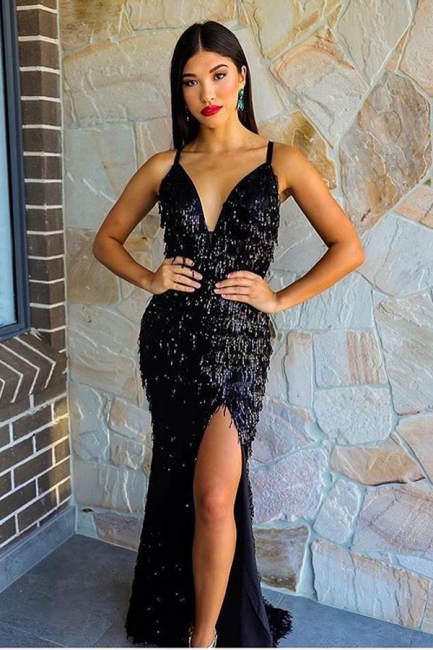 Black Strappy V-neck Hot Sexy Prom Dresses with High Slit and Fringes