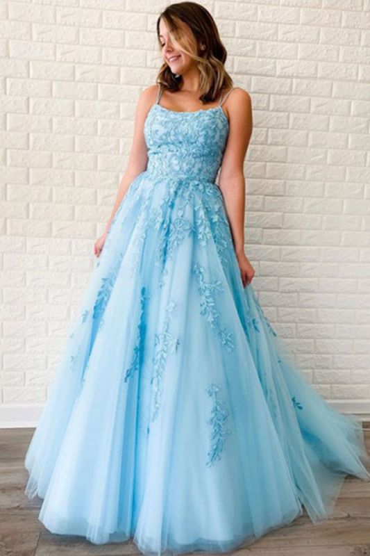 Criss-cross Straps A-line Lace Appliques Tulle Blue Prom Dresses